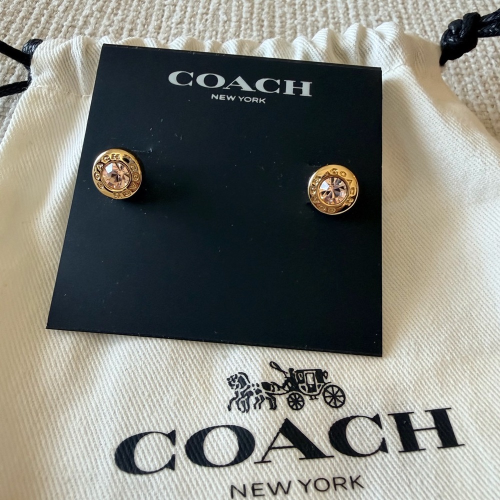 Coach Gold and Pink Crystal Gem Stud Earrings - NEW